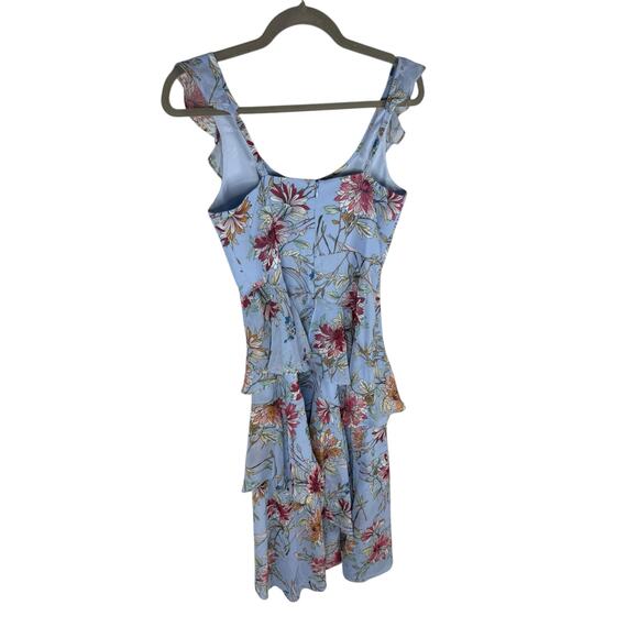 BCBGMAXAZRIA Asymmetric Midi Dress Tiered Ruffle Floral Party Garden Hoco Blue 2 - Picture 6 of 10